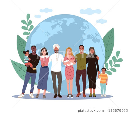 Multinational big family. Legal status birth, human rights and non discrimination, happy people inclusion, support and cooperation, vector cartoon isolated multicultural community concept 136679933