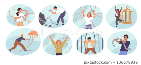 People being freed from bonds. Psychological liberation from problems, connections and manipulations, breaking chains, men escaping, cartoon flat style isolated garish vector mental health set 136679939