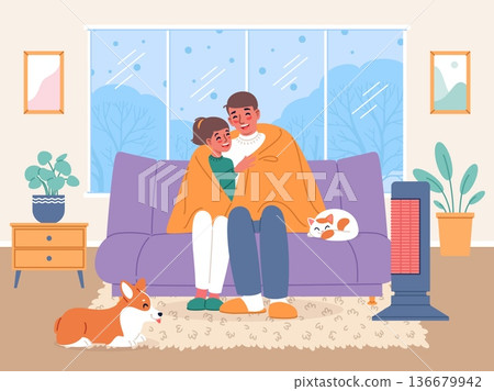 People warming in room. Couple in love wrapped in warm blanket, happy young family on couch indoor relaxation, cold weather, cozy home hygge evening, classy vector cartoon isolated concept 136679942