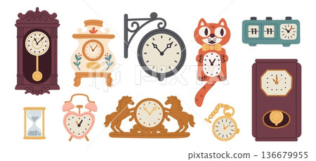 Vintage clocks and watches. Antique interior element, time showing retro devices, classic wooden clocks with pendulum, mechanical hourglass and pocket watch, garish vector isolated set 136679955