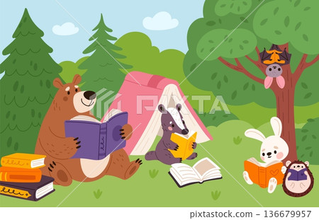 Wild animals reading book. Funny fauna characters in forest, cartoon badger, hedgehog, bear learning, hare and bat in outdoor library, kids mascots, garish vector cartoon isolated concept Wild animals reading book. Funny fauna characters in forest, cartoon badger, hedgehog, bear learning, hare and bat in outdoor library, kids mascots, garish vector cartoon isolated concept 136679957