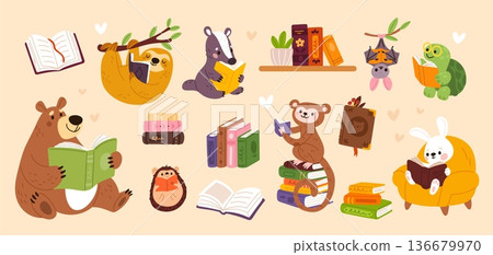 Cute animals with books. Funny fauna characters, readers and students, kids mascots, childish education, badger, cute monkey, friendly learning scenes garish vector cartoon isolated set Cute animals with books. Funny fauna characters, readers and students, kids mascots, childish education, badger, cute monkey, friendly learning scenes garish vector cartoon isolated set 136679970