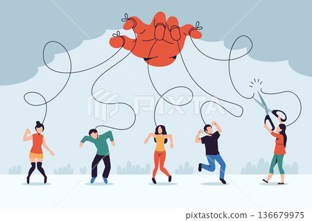 Getting out of control. Puppets cut ties with hand, human manipulation, subordinate people, psychological phenomenon, man and woman puppets with strings tidy vector cartoon isolated concept Getting out of control. Puppets cut ties with hand, human manipulation, subordinate people, psychological phenomenon, man and woman puppets with strings tidy vector cartoon isolated concept 136679975