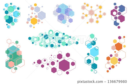 Hexagonal structure icons. Connected geometric structure shapes, molecular diagrams, chemical laboratory badges, hexagons with connectors compositions, qualitative vector isolated set 136679980