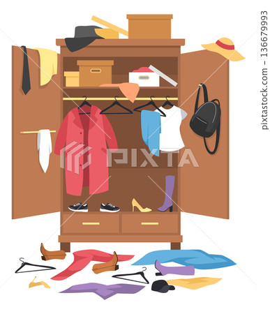 Messy open wardrobe. Wooden closet with clothing, empty hangers, shoes boxes, hats, and backpack. Garments before organization. Cleaning home interior. Vector cartoon isolated illustration 136679993