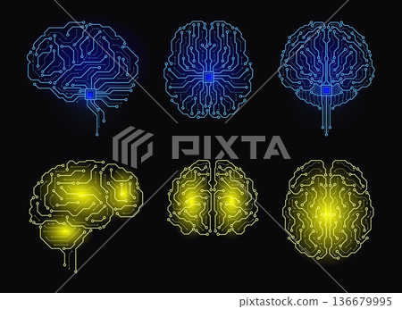 Neon circuit brains. Human head content, microchips, glowing chains of connections, artificial intelligence symbol, data processing architecture, innovation qualitative vector isolated set Neon circuit brains. Human head content, microchips, glowing chains of connections, artificial intelligence symbol, data processing architecture, innovation qualitative vector isolated set 136679995