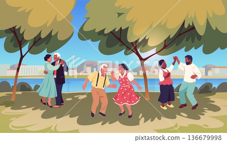 Old people dance in park. Outdoor aged activities, senior dancers characters, grandparents move to music, couples and friends on party time, active lifestyle tidy vector cartoon flat concept Old people dance in park. Outdoor aged activities, senior dancers characters, grandparents move to music, couples and friends on party time, active lifestyle tidy vector cartoon flat concept 136679998