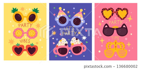 Party sunglasses cards. Funny festival accessories with bright decor, non standard frame shapes, holiday outfit elements, carnival eyewear, poster design garish vector cartoon isolated set Party sunglasses cards. Funny festival accessories with bright decor, non standard frame shapes, holiday outfit elements, carnival eyewear, poster design garish vector cartoon isolated set 136680002