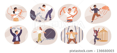People breaking ties. Men and women freed from bonds and restraints, escaping or psychology separation, cutting, tearing of chains, mental health symbol, garish vector cartoon isolated set 136680003