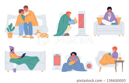 People freezing at home. Winter cold season, heating lack, keep warm attempts, warm blankets, shivering sad characters in living rooms with sofa, classy vector cartoon isolated set 136680005