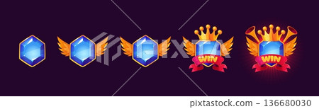 Cartoon game icon upgrade. Gradual detailing of gem, level up element, diamond evolution, precious badge of distinction, reward badges, achievement status, rank progression. Tidy vector set 136680030