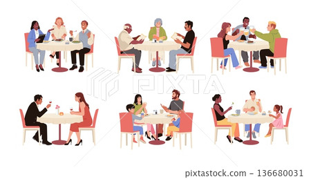 Cartoon restaurant visitors. Happy people eat food and talk, tables set, gourmet food and alcohol, tableware, meeting friends, family with children, romantic couple, tidy vector illustration Cartoon restaurant visitors. Happy people eat food and talk, tables set, gourmet food and alcohol, tableware, meeting friends, family with children, romantic couple, tidy vector illustration 136680031