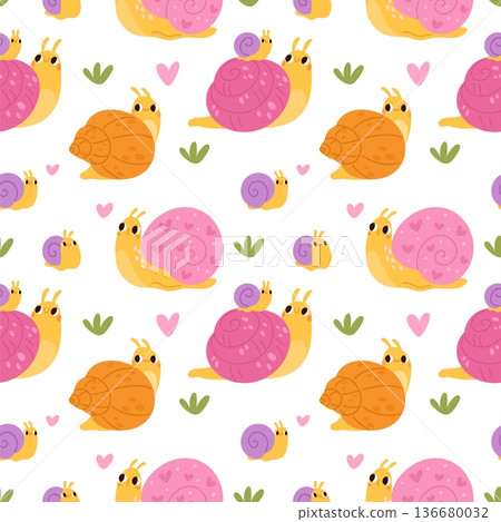 Cartoon snails seamless pattern. Repeated funny clams with shells characters, cartoon color mascots, cute slug textile, wrapping paper, wallpaper. Print for fabric garish vector background 136680032