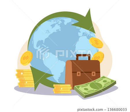 Currency circulation in world. Converting and sending money to different locations, global finance and capital investment, economic growth, transactions exchange vector cartoon flat concept Currency circulation in world. Converting and sending money to different locations, global finance and capital investment, economic growth, transactions exchange vector cartoon flat concept 136680033