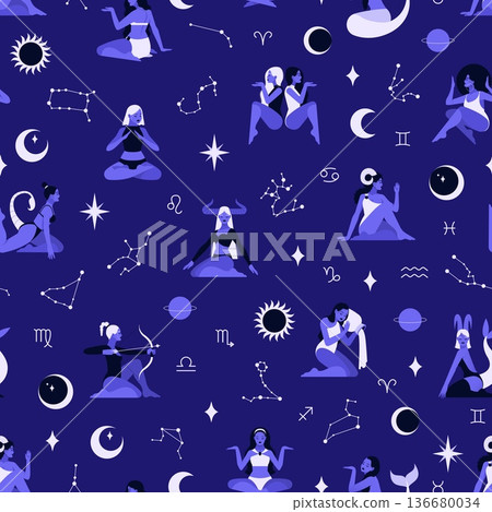 Female zodiac signs seamless pattern. Beautiful sexy women in bikinis, astrological symbols and constellations. Textile, wrapping paper, wallpaper. Print for fabric tidy vector background Female zodiac signs seamless pattern. Beautiful sexy women in bikinis, astrological symbols and constellations. Textile, wrapping paper, wallpaper. Print for fabric tidy vector background 136680034