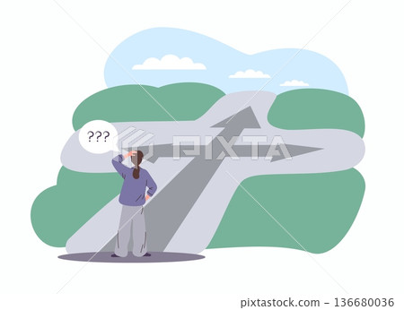Finding solution. Choose ability, Freedom opportunities, solution complexity, person at crossroads, different directions, thinking, making decision, strategy choice vector cartoon concept Finding solution. Choose ability, Freedom opportunities, solution complexity, person at crossroads, different directions, thinking, making decision, strategy choice vector cartoon concept 136680036