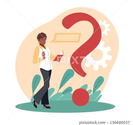 Frequently asked questions. Problem solving, crisis manager solves and answers question, decision support, woman with notebook, dialogue bubbles, faq sign vector cartoon isolated concept 136680037