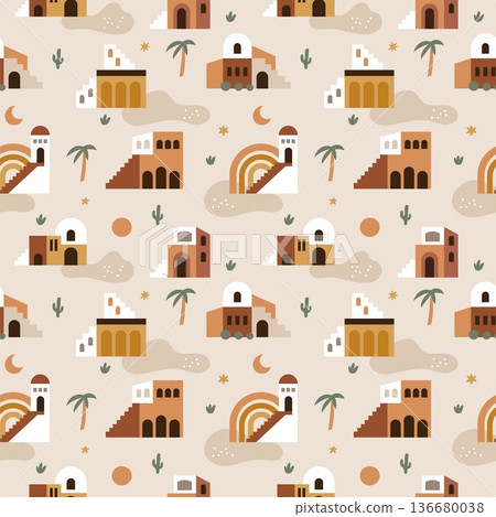 Geometric boho architecture seamless pattern. Moroccan buildings with palm trees, contemporary aesthetic landscape, decor textile, wrapping paper. Print for fabric garish vector background 136680038