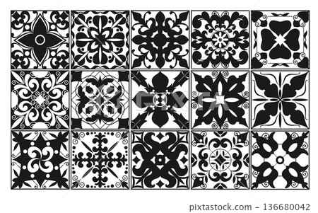 Mediterranean decorative tiles black icons. Portuguese mosaic square motifs, azulejos patterns, spanish ornaments silhouette, elegant background, splendid vector set 136680042