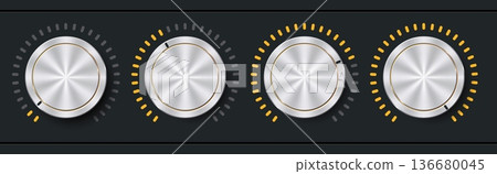 Moderate volume round controller. Sound power gradual increase, metallic twirler, glowing markings, chrome realistic element, interface equipment, round rotation bottom qualitative vector set Moderate volume round controller. Sound power gradual increase, metallic twirler, glowing markings, chrome realistic element, interface equipment, round rotation bottom qualitative vector set 136680045