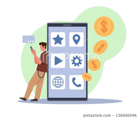 Monetization of applications. Mobile application development, programming process, user digital payments and e-commerce, huge smartphone screen with app vector cartoon isolated concept 136680046