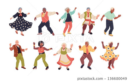 Old people dancing. Senior dancers characters, funny elderly men and women expressive poses, active pensioners, grandparents music party, choreography class tidy vector cartoon isolated set Old people dancing. Senior dancers characters, funny elderly men and women expressive poses, active pensioners, grandparents music party, choreography class tidy vector cartoon isolated set 136680049
