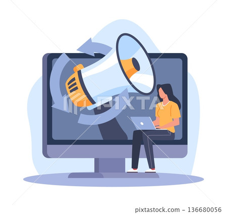 Search for target audience. Online promotion, girl with laptop sitting on monitor screen, large speaker, digital promotion and social media communication vector cartoon isolated concept 136680056