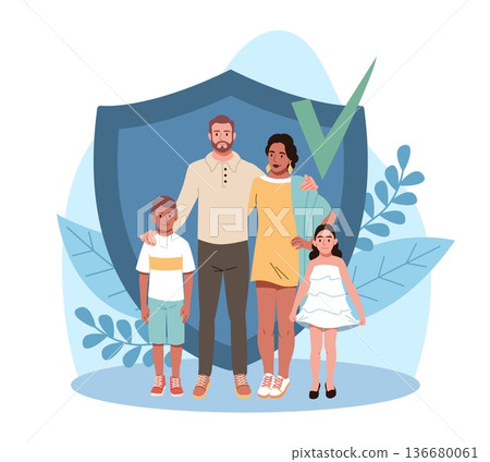Social security. State allowance, family budget, parents with children under shield, protection and support, insurance symbol as safety, care, risk management, vector cartoon concept Social security. State allowance, family budget, parents with children under shield, protection and support, insurance symbol as safety, care, risk management, vector cartoon concept 136680061