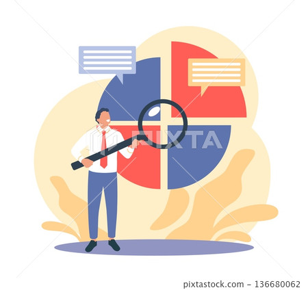 Statistical data analysis. Audit, research, businessman examines segmented graphs and charts with large magnifying glass, market segmentation, metric review cartoon isolated vector concept 136680062