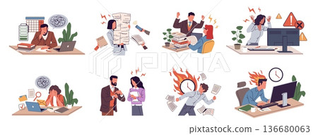 Stressed office staff. Employees at work, tired, burnt out people, deadline and conflict situation, documents confusion, paperwork piles, management pressure nowaday vector cartoon flat set 136680063