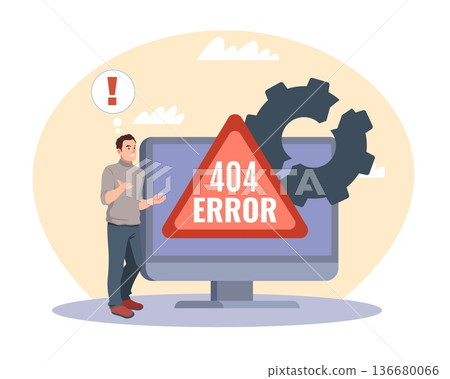 Web page error notification. Inability to load online site, breaking connection, network search, desktop screen shows 404 warning triangle, technical support vector cartoon isolated concept Web page error notification. Inability to load online site, breaking connection, network search, desktop screen shows 404 warning triangle, technical support vector cartoon isolated concept 136680066
