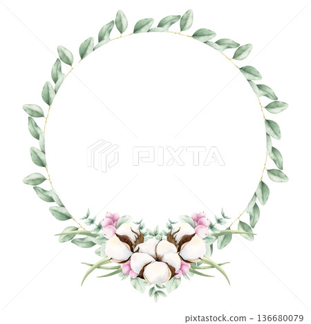 Watercolor botanical round frame with cotton, green eucalyptus, pink berries. Hand painted illustration isolated on white background. Elegant wreath with copy space, for wedding invitations, cards 136680079