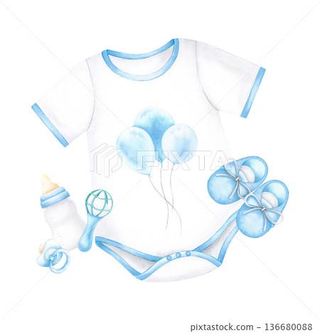 Bodysuit, shoes, pacifier, bottle, rattle composition. Blue newborn boy items set for baby shower. Watercolor hand drawn illustration isolated on white background. For invitation cards, design, decor Bodysuit, shoes, pacifier, bottle, rattle composition. Blue newborn boy items set for baby shower. Watercolor hand drawn illustration isolated on white background. For invitation cards, design, decor 136680088