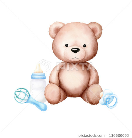 Cute teddy bear, rattle, pacifier, bottle composition. Blue newborn boy items set for baby shower. Watercolor hand drawn illustration, isolated on white background. For invitation cards, design, decor 136680093