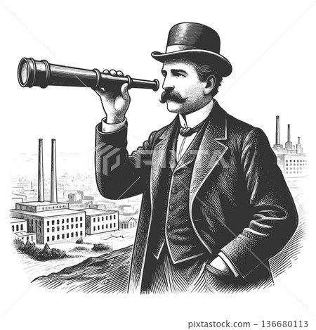 Industrialist observing city skyline telescope 136680113