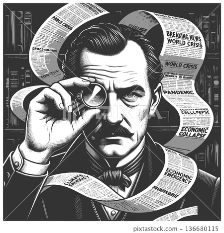 Man Analyzing Headlines of Global Crisis 136680115