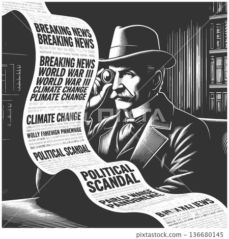 Man Analyzing Headlines of Global Crisis 136680145