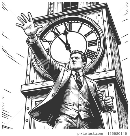 Businessman Racing Time in Front of Clock Tower 136680146
