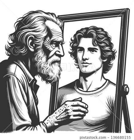 Elderly Man Confronting Younger Self Reflection Elderly Man Confronting Younger Self Reflection 136680155