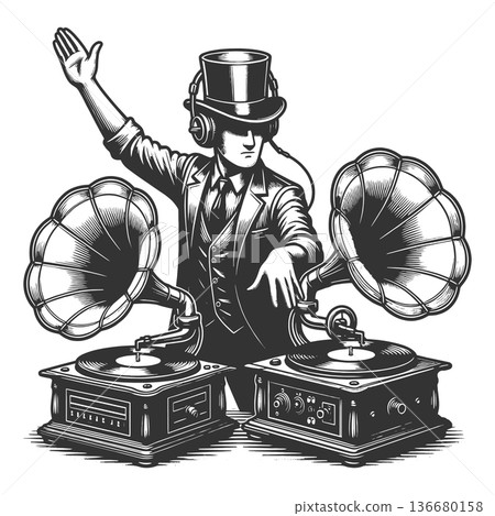 Vintage DJ Mixing Music with Gramophones raster 136680158