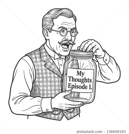 Victorian Gentleman Holding Jar of Thoughts 136680165