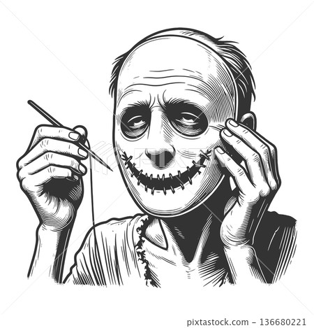 Man stitching a smiling mask onto his face Man stitching a smiling mask onto his face 136680221