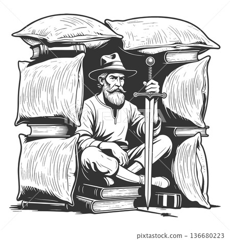 Bearded Scholar Guarding Fortress of Books vector 136680223