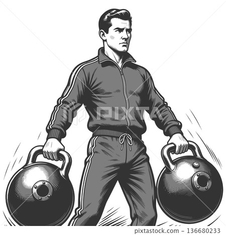 Athletic Man Lifting Heavy Kettlebells vector 136680233