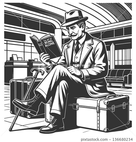 Elegant Gentleman Reading Alone at Train Station 136680234