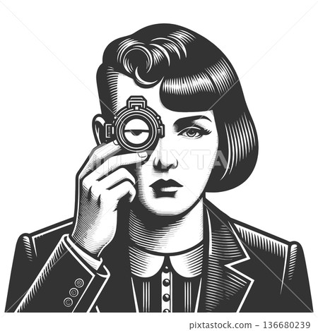 Vintage Woman Examining Eye Through Lens 136680239