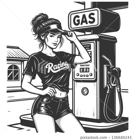 Smiling woman in racing outfit at gas station Smiling woman in racing outfit at gas station 136680241