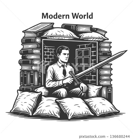 Bearded Scholar Guarding Fortress of Books vector Bearded Scholar Guarding Fortress of Books vector 136680244