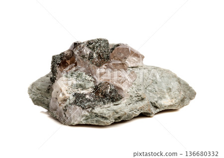 Macro mineral stone quartz chlorite Palygorskite rock on a white background 136680332