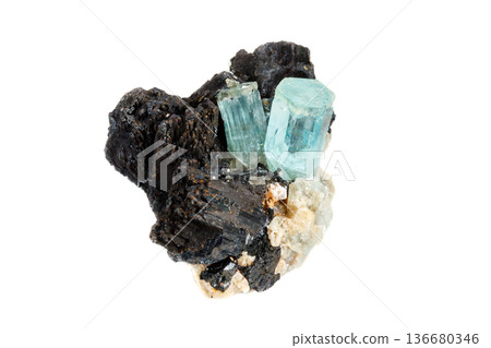 Macro mineral stone Aquamarine and black tourmaline, Schorl on a white background Macro mineral stone Aquamarine and black tourmaline, Schorl on a white background 136680346